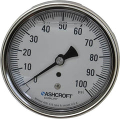 Ashcroft - 3-1/2" Dial, 1/4 Thread, 0-100 Scale Range, Pressure Gauge - Center Back Connection Mount, Accurate to 1% of Scale - Americas Industrial Supply