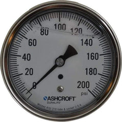 Ashcroft - 3-1/2" Dial, 1/4 Thread, 0-200 Scale Range, Pressure Gauge - Center Back Connection Mount, Accurate to 1% of Scale - Americas Industrial Supply