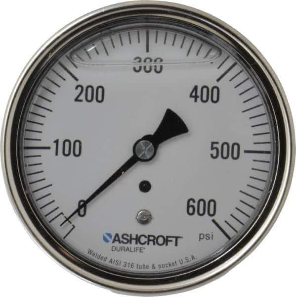 Ashcroft - 3-1/2" Dial, 1/4 Thread, 0-600 Scale Range, Pressure Gauge - Center Back Connection Mount, Accurate to 1% of Scale - Americas Industrial Supply