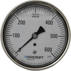 Ashcroft - 3-1/2" Dial, 1/4 Thread, 0-600 Scale Range, Pressure Gauge - Center Back Connection Mount, Accurate to 1% of Scale - Americas Industrial Supply