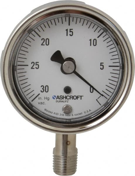 Ashcroft - 2-1/2" Dial, 1/4 Thread, 30-0 Scale Range, Pressure Gauge - Lower Connection Mount, Accurate to 1% of Scale - Americas Industrial Supply