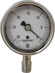 Ashcroft - 2-1/2" Dial, 1/4 Thread, 30-0 Scale Range, Pressure Gauge - Lower Connection Mount, Accurate to 1% of Scale - Americas Industrial Supply