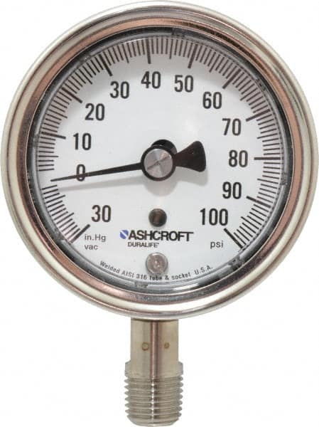 Ashcroft - 2-1/2" Dial, 1/4 Thread, 30-0-100 Scale Range, Pressure Gauge - Lower Connection Mount, Accurate to 1% of Scale - Americas Industrial Supply