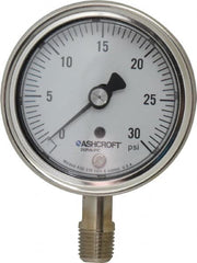 Ashcroft - 2-1/2" Dial, 1/4 Thread, 0-30 Scale Range, Pressure Gauge - Lower Connection Mount, Accurate to 1% of Scale - Americas Industrial Supply