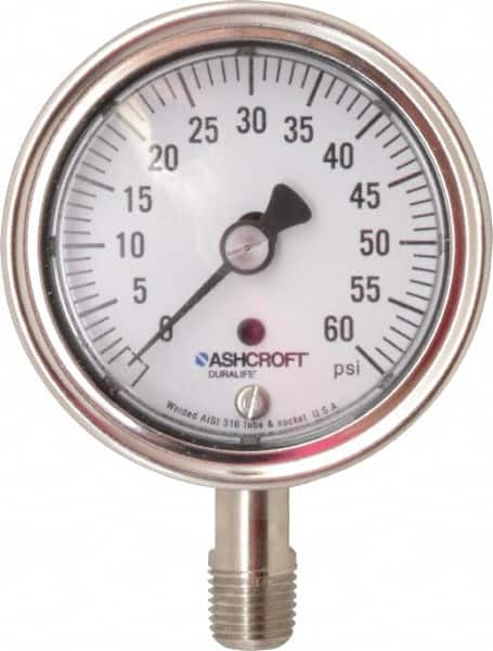 Ashcroft - 2-1/2" Dial, 1/4 Thread, 0-60 Scale Range, Pressure Gauge - Lower Connection Mount, Accurate to 1% of Scale - Americas Industrial Supply