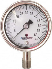 Ashcroft - 2-1/2" Dial, 1/4 Thread, 0-60 Scale Range, Pressure Gauge - Lower Connection Mount, Accurate to 1% of Scale - Americas Industrial Supply
