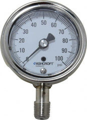 Ashcroft - 2-1/2" Dial, 1/4 Thread, 0-100 Scale Range, Pressure Gauge - Lower Connection Mount, Accurate to 1% of Scale - Americas Industrial Supply