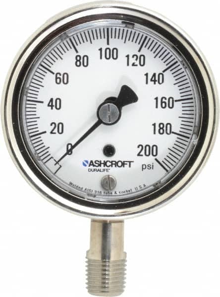 Ashcroft - 2-1/2" Dial, 1/4 Thread, 0-200 Scale Range, Pressure Gauge - Lower Connection Mount, Accurate to 1% of Scale - Americas Industrial Supply