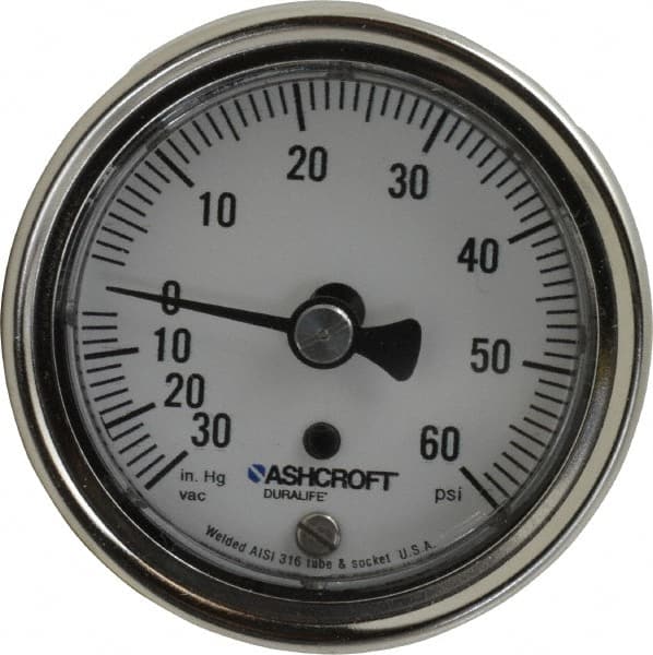 Ashcroft - 2-1/2" Dial, 1/4 Thread, 30-0-60 Scale Range, Pressure Gauge - Center Back Connection Mount, Accurate to 1% of Scale - Americas Industrial Supply