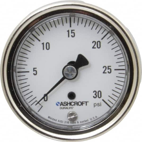 Ashcroft - 2-1/2" Dial, 1/4 Thread, 0-30 Scale Range, Pressure Gauge - Center Back Connection Mount, Accurate to 1% of Scale - Americas Industrial Supply