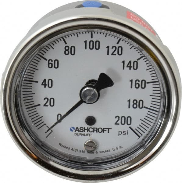 Ashcroft - 2-1/2" Dial, 1/4 Thread, 0-200 Scale Range, Pressure Gauge - Lower Back Connection Mount, Accurate to 1% of Scale - Americas Industrial Supply