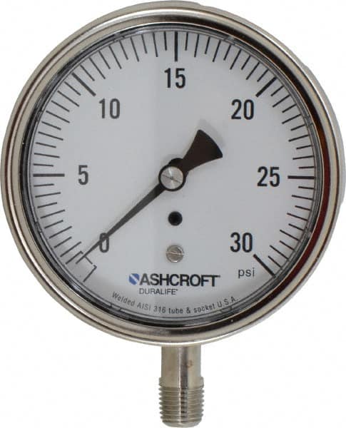 Ashcroft - 3-1/2" Dial, 1/4 Thread, 0-30 Scale Range, Pressure Gauge - Lower Connection Mount, Accurate to 1% of Scale - Americas Industrial Supply