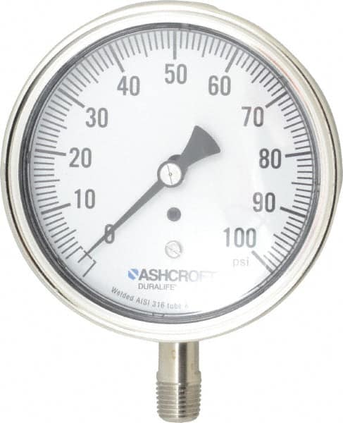 Ashcroft - 3-1/2" Dial, 1/4 Thread, 0-100 Scale Range, Pressure Gauge - Lower Connection Mount, Accurate to 1% of Scale - Americas Industrial Supply
