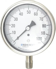 Ashcroft - 3-1/2" Dial, 1/4 Thread, 0-100 Scale Range, Pressure Gauge - Lower Connection Mount, Accurate to 1% of Scale - Americas Industrial Supply