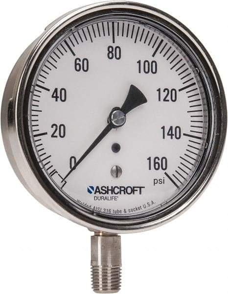 Ashcroft - 3-1/2" Dial, 1/4 Thread, 0-160 Scale Range, Pressure Gauge - Lower Connection Mount, Accurate to 1% of Scale - Americas Industrial Supply