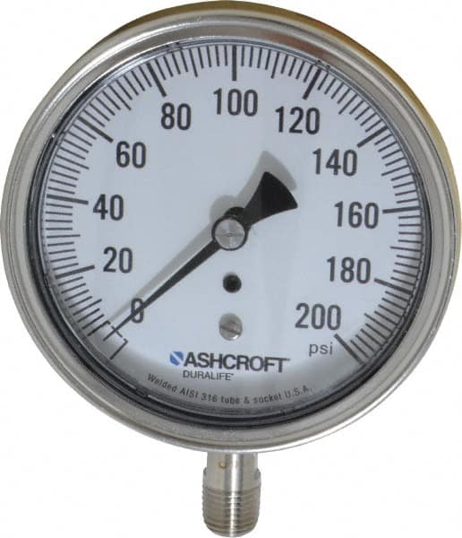 Ashcroft - 3-1/2" Dial, 1/4 Thread, 0-200 Scale Range, Pressure Gauge - Lower Connection Mount, Accurate to 1% of Scale - Americas Industrial Supply