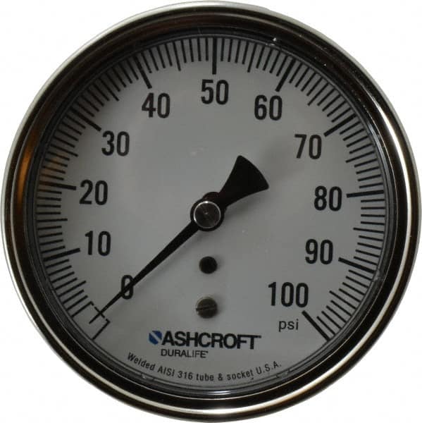 Ashcroft - 3-1/2" Dial, 1/4 Thread, 0-100 Scale Range, Pressure Gauge - Center Back Connection Mount, Accurate to 1% of Scale - Americas Industrial Supply