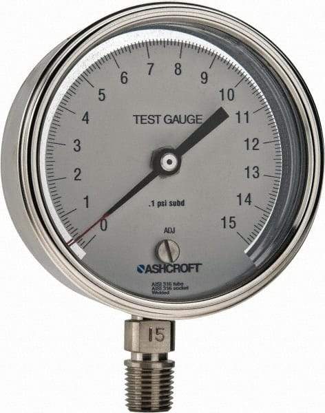 Ashcroft - 3" Dial, 1/4 Thread, 0-15 Scale Range, Pressure Gauge - Lower Connection Mount, Accurate to 0.5% of Scale - Americas Industrial Supply