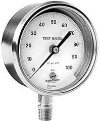 Ashcroft - 3" Dial, 1/4 Thread, 0-60 Scale Range, Pressure Gauge - Lower Connection Mount, Accurate to 0.5% of Scale - Americas Industrial Supply