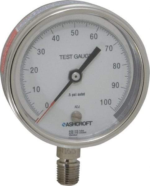Ashcroft - 3" Dial, 1/4 Thread, 0-100 Scale Range, Pressure Gauge - Lower Connection Mount, Accurate to 0.5% of Scale - Americas Industrial Supply