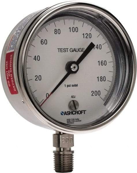 Ashcroft - 3" Dial, 1/4 Thread, 0-200 Scale Range, Pressure Gauge - Lower Connection Mount, Accurate to 0.5% of Scale - Americas Industrial Supply