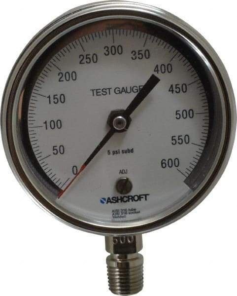 Ashcroft - 3" Dial, 1/4 Thread, 0-600 Scale Range, Pressure Gauge - Lower Connection Mount, Accurate to 0.5% of Scale - Americas Industrial Supply
