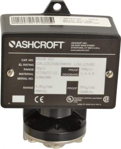 Ashcroft - 9 to 60 psi Adjustable Range, 500 Max psi, Watertight Single Setpoint - 1/4 Thread - Americas Industrial Supply