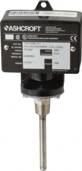 Ashcroft - 75 to 205°F, Watertight Single Setpoint Temp Switch - 4 Inch Rigid Stem - Americas Industrial Supply