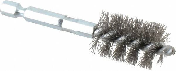 Schaefer Brush - 5/8 Inch Inside Diameter, 13/16 Inch Actual Brush Diameter, Carbon Steel, Power Fitting and Cleaning Brush - 1/4 Shank Diameter, 3-1/8 Inch Long, Hex Shaft Stem, 3/4 Inch Refrigeration Outside Diameter - Americas Industrial Supply