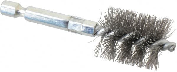 Schaefer Brush - 3/4 Inch Inside Diameter, 15/16 Inch Actual Brush Diameter, Carbon Steel, Power Fitting and Cleaning Brush - 1/4 Shank Diameter, 3-1/8 Inch Long, Hex Shaft Stem, 7/8 Inch Refrigeration Outside Diameter - Americas Industrial Supply