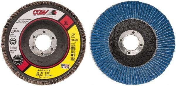Camel Grinding Wheels - 40 Grit, 4-1/2" Disc Diam, 7/8" Center Hole, Type 27 Zirconia Alumina Flap Disc - 13,300 Max RPM, Polyester Backing, Arbor Attaching System, Coated - Americas Industrial Supply