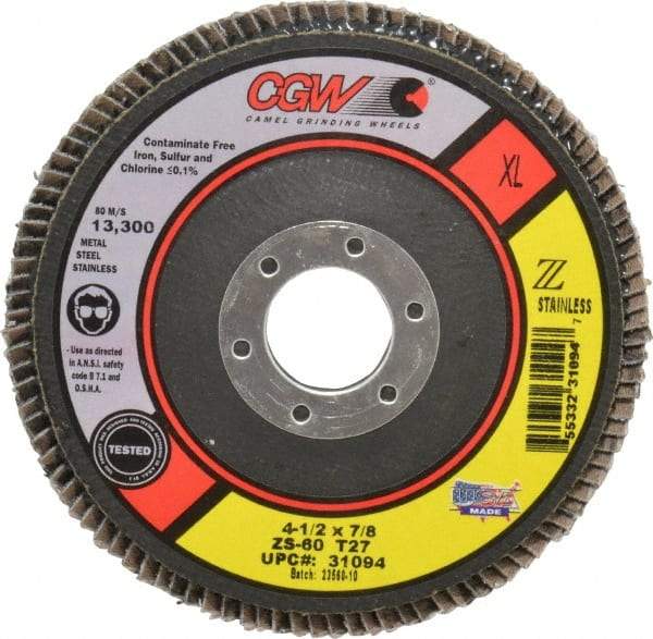 Camel Grinding Wheels - 60 Grit, 4-1/2" Disc Diam, 7/8" Center Hole, Type 27 Zirconia Alumina Flap Disc - 13,300 Max RPM, Polyester Backing, Arbor Attaching System, Coated - Americas Industrial Supply
