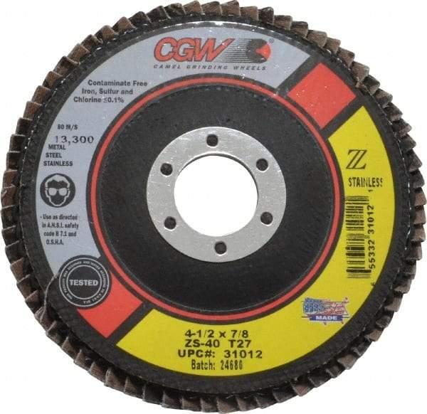 Camel Grinding Wheels - 40 Grit, 4-1/2" Disc Diam, 7/8" Center Hole, Type 27 Zirconia Alumina Flap Disc - 13,300 Max RPM, Polyester Backing, Arbor Attaching System, Coated - Americas Industrial Supply