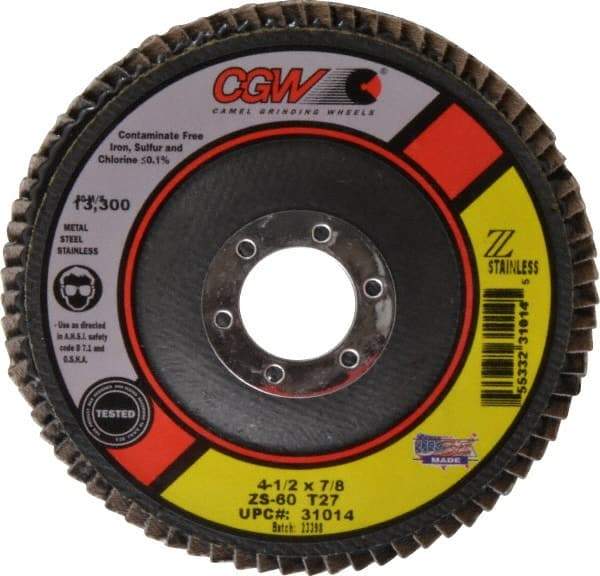 Camel Grinding Wheels - 60 Grit, 4-1/2" Disc Diam, 7/8" Center Hole, Type 27 Zirconia Alumina Flap Disc - 13,300 Max RPM, Polyester Backing, Arbor Attaching System, Coated - Americas Industrial Supply