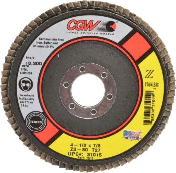 Camel Grinding Wheels - 80 Grit, 4-1/2" Disc Diam, 7/8" Center Hole, Type 27 Zirconia Alumina Flap Disc - 13,300 Max RPM, Polyester Backing, Arbor Attaching System, Coated - Americas Industrial Supply