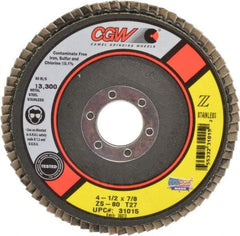 Camel Grinding Wheels - 80 Grit, 4-1/2" Disc Diam, 7/8" Center Hole, Type 27 Zirconia Alumina Flap Disc - 13,300 Max RPM, Polyester Backing, Arbor Attaching System, Coated - Americas Industrial Supply