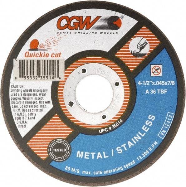 Camel Grinding Wheels - 7" 36 Grit Aluminum Oxide Cutoff Wheel - 1/16" Thick, 7/8" Arbor, 8,500 Max RPM - Americas Industrial Supply