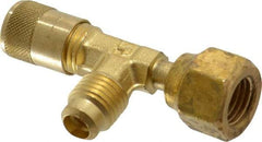 Parker - 500 Max psi, 1/4 Tube OD, Forged Flared Female Run Swivel Tee with Depressor Access Valve - Brass - Americas Industrial Supply