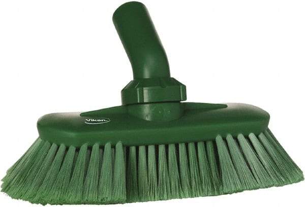 Vikan - 1-1/2" Bristle Length, Polyester Wash Brush - 7-3/4" Long x 3" Wide Head, 8" OAL, European Threaded Handle, Green, Polypropylene Block, Flagged - Americas Industrial Supply