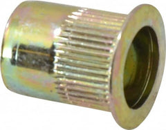 RivetKing - M8, 13.46mm Insert Diam, 18.42mm OAL, Knurled Body Open End Threaded Insert - 13.5mm Hole Diam, 17.4mm Head Diam, Steel, Zinc Yellow Dichromate Finish - Americas Industrial Supply