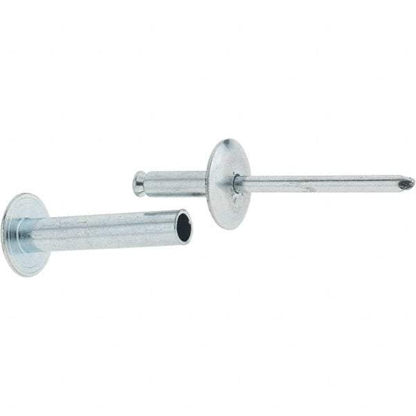 RivetKing - Size 8-26 Dome Head Steel Flush on Both Sides Blind Rivet - Steel Mandrel, 1-3/8" to 1-5/8" Grip, 5/8" Head Diam, 0.255" Min Hole Diam, 1.32" Length Under Head, 1/4" Body Diam - Americas Industrial Supply