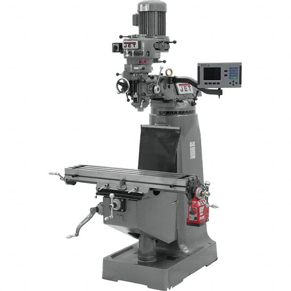 Jet - 9" Table Width x 42" Table Length, Step Pulley Control, 3 Phase Knee Milling Machine - R8 Spindle Taper, 2 hp - Americas Industrial Supply