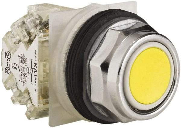 Schneider Electric - 30mm Mount Hole, Extended Straight, Pushbutton Switch with Contact Block - Yellow Pushbutton, Momentary (MO) - Americas Industrial Supply