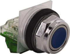 Schneider Electric - 30mm Mount Hole, Extended Straight, Pushbutton Switch with Contact Block - Blue Pushbutton, Momentary (MO) - Americas Industrial Supply