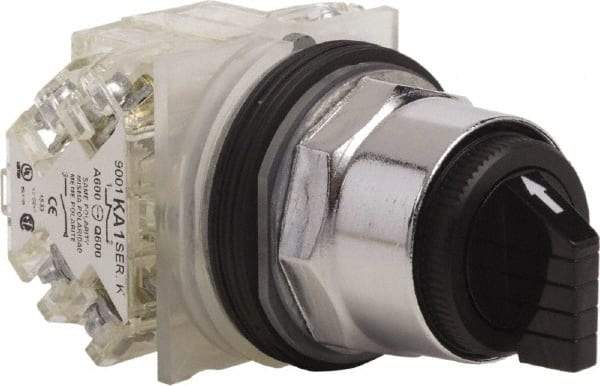 Schneider Electric - 1.18 Inch Mount Hole, 3 Position, Knob and Pushbutton Operated, Selector Switch - Black, Momentary (MO), 2NO/2NC, Weatherproof and Dust and Oil Resistant - Americas Industrial Supply