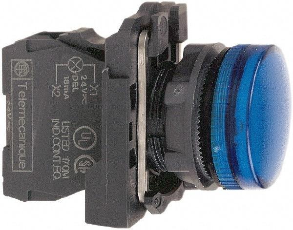 Schneider Electric - 230-240 VAC at 50/60 Hz Blue Lens LED Pilot Light - Round Lens, Screw Clamp Connector, 30mm Wide, Vibration Resistant, Water Resistant - Americas Industrial Supply