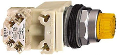 Schneider Electric - 1.22 Inch Mount Hole, Extended Mushroom Head, Pushbutton Switch with Contact Block - Round, Yellow Pushbutton, Illuminated, Momentary (MO), Dusttight, Oiltight, Watertight and Shock and Vibration Resistant - Americas Industrial Supply