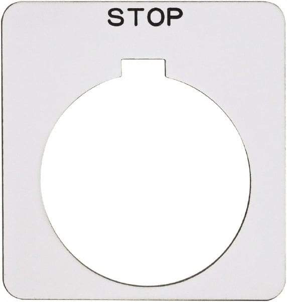 Schneider Electric - Square, Plastic Legend Plate - Stop - White Background, Black Letters, 1.22 Inch Hole Diameter, 1-3/4 Inch Square - Americas Industrial Supply