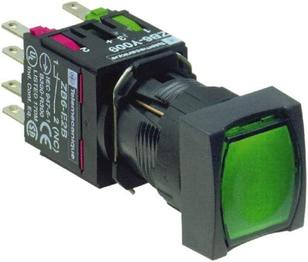 Schneider Electric - 16mm Mount Hole, Flush, Pushbutton Switch with Contact Block - Square, Green Pushbutton, Illuminated, Momentary (MO) - Americas Industrial Supply