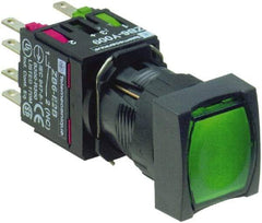 Schneider Electric - 16mm Mount Hole, Flush, Pushbutton Switch with Contact Block - Square, Green Pushbutton, Illuminated, Momentary (MO) - Americas Industrial Supply
